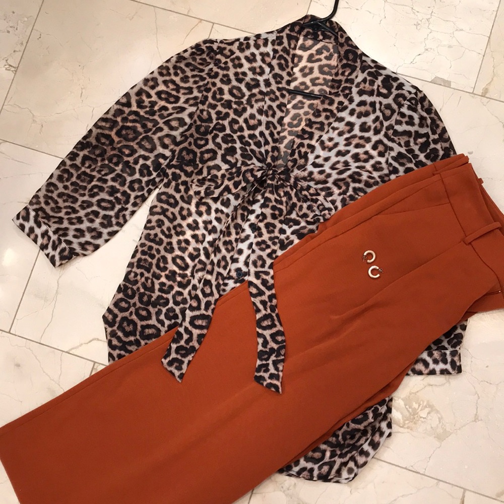 Animal Print Tie Neck Blouse